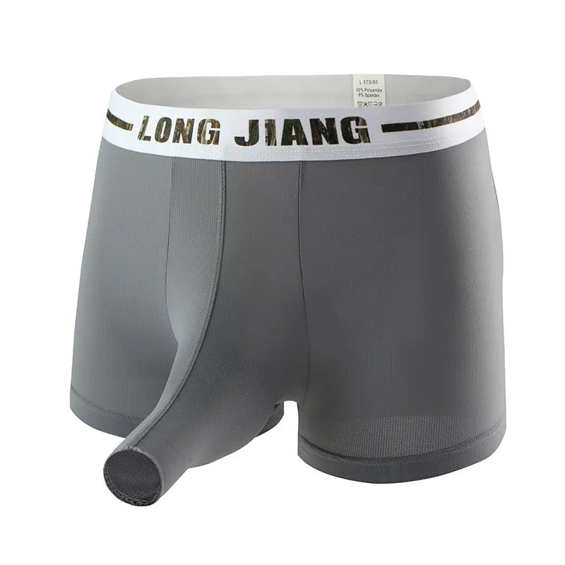 Men's ice silk trunk open boxer shorts on a white background, showing the mid-waist design.