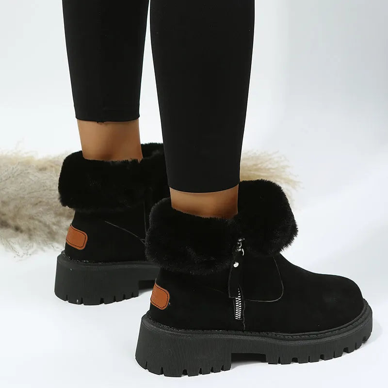 Women's black thick plush high-top snow boots with a side zipper and non-slip sole.