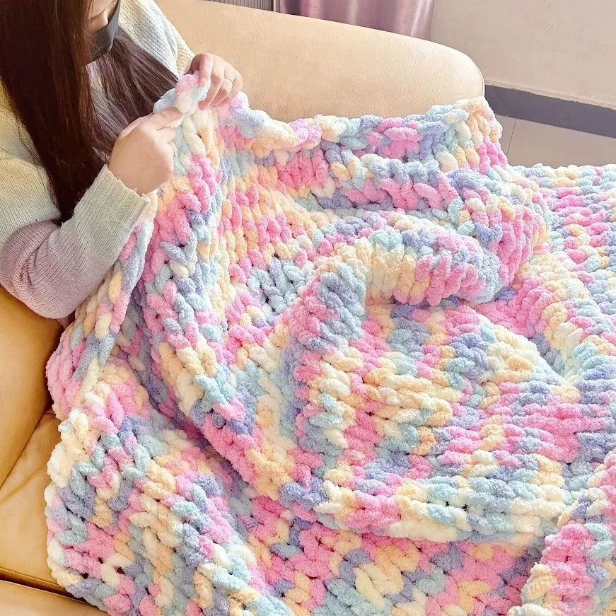 Coarse yarn chenille knitted blanket with braided gravity edge in modern simplicity style