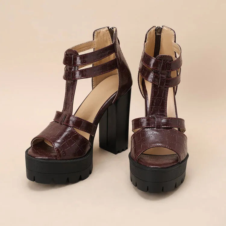 Platform high-heel sandals with round toe and back zipper closure in yellow, black or wine red
