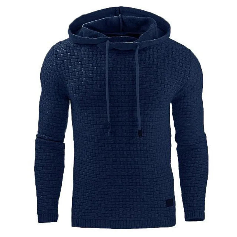 Men's cotton-polyester blend hooded sweatshirt available in nine colours including black, brown, grey, green, khaki, navy, red, and white.