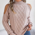 Women's grey twisted pattern pullover sweater with lantern sleeves and a half-high collar.