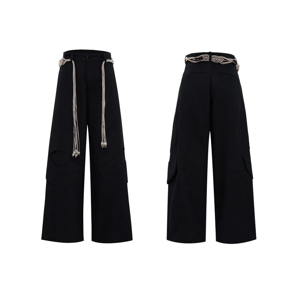 Men's dark blue loose straight-leg jeans with tassel decoration and front zipper placket.