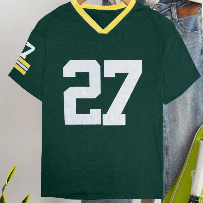 Loose fit casual cotton T-shirt with digital letter printing in red or green colour options