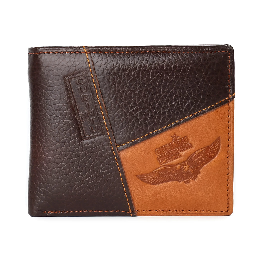 Soft cowhide leather men's wallet with decorative stitching, shown open to reveal card slots, a zipper compartment, and a bill holder.