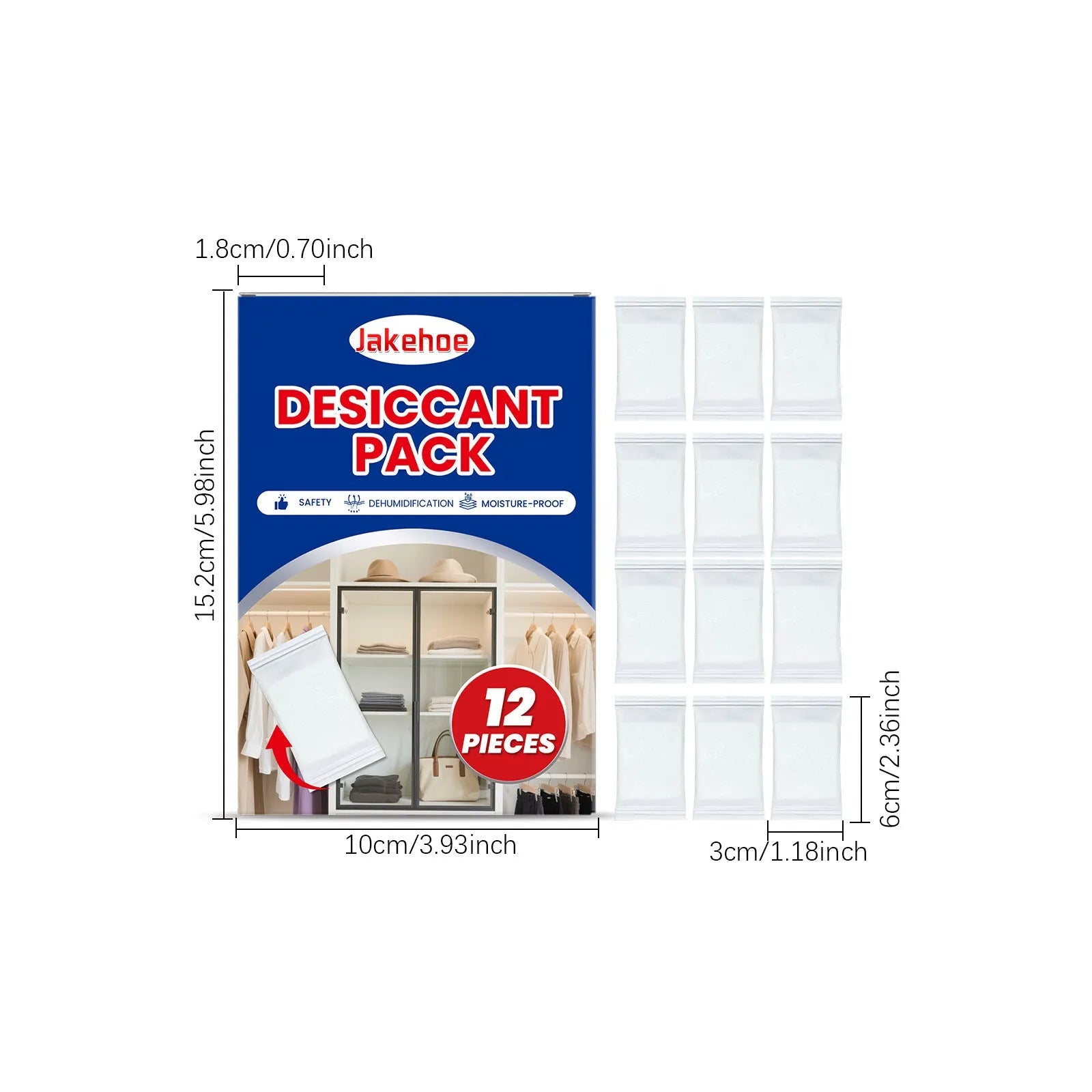 Pack of 12 anti odor desiccant units for household moisture control with calcium chloride.