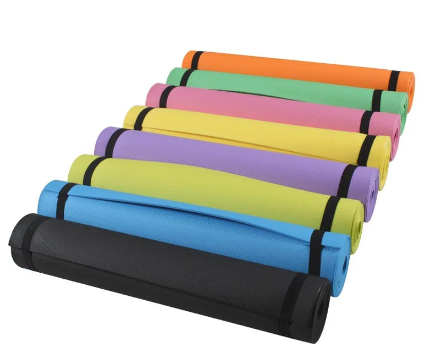 EVA yoga mat in blue showing textured anti-skid surface with thickness options