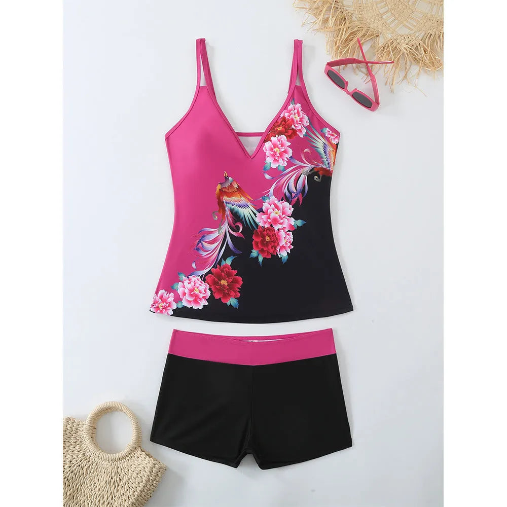 Women's plus size swimsuit briefs in printed black or rose red colours with polyester fabric