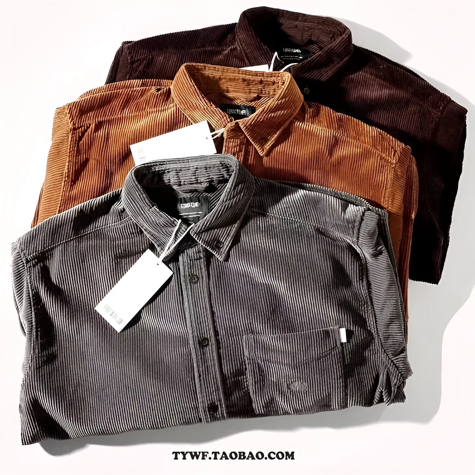 Long sleeve loose corduroy shirt in caramel colour with cardigan style front