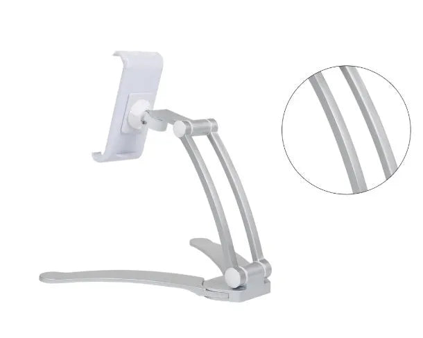 Silver and white aluminium alloy desktop tablet stand holding a tablet at an adjustable angle.