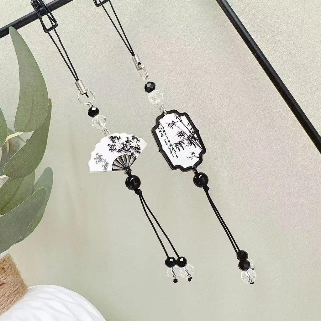 Guofeng style bead pendant keychain with plants and flowers pattern in baked varnish finish.