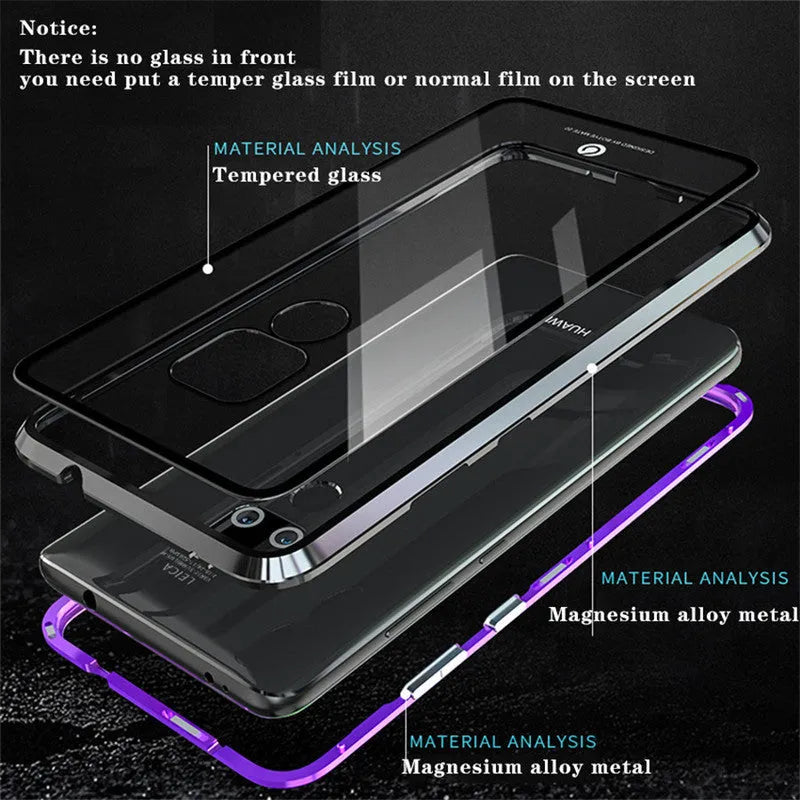 Metal magnetic phone case with tempered glass back for Huawei and Honor smartphones