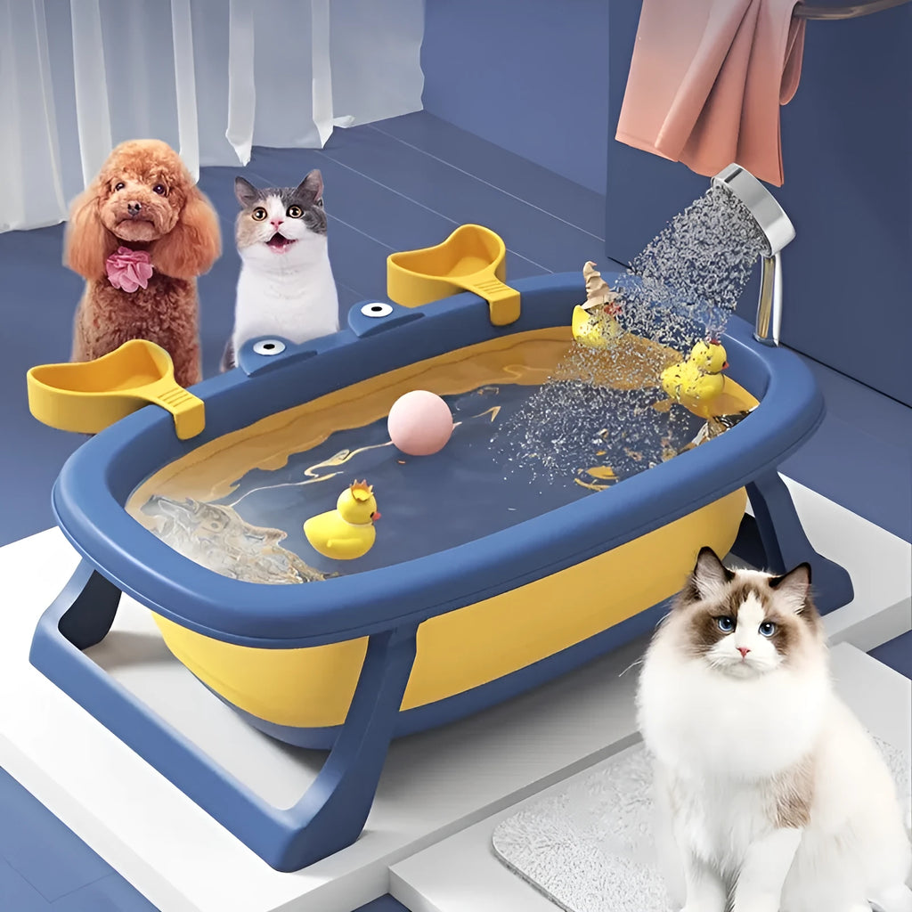 Foldable blue portable plastic pet tub for washing a small dog or cat