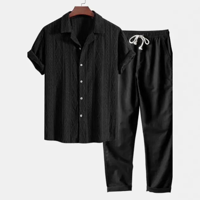 Men's slim-fit camouflage print casual suit with short sleeve shirt and trousers
