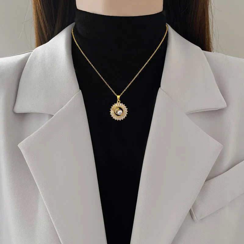 Women's geometric jewellery set with titanium steel necklace, copper pendant, and matching stud earrings.