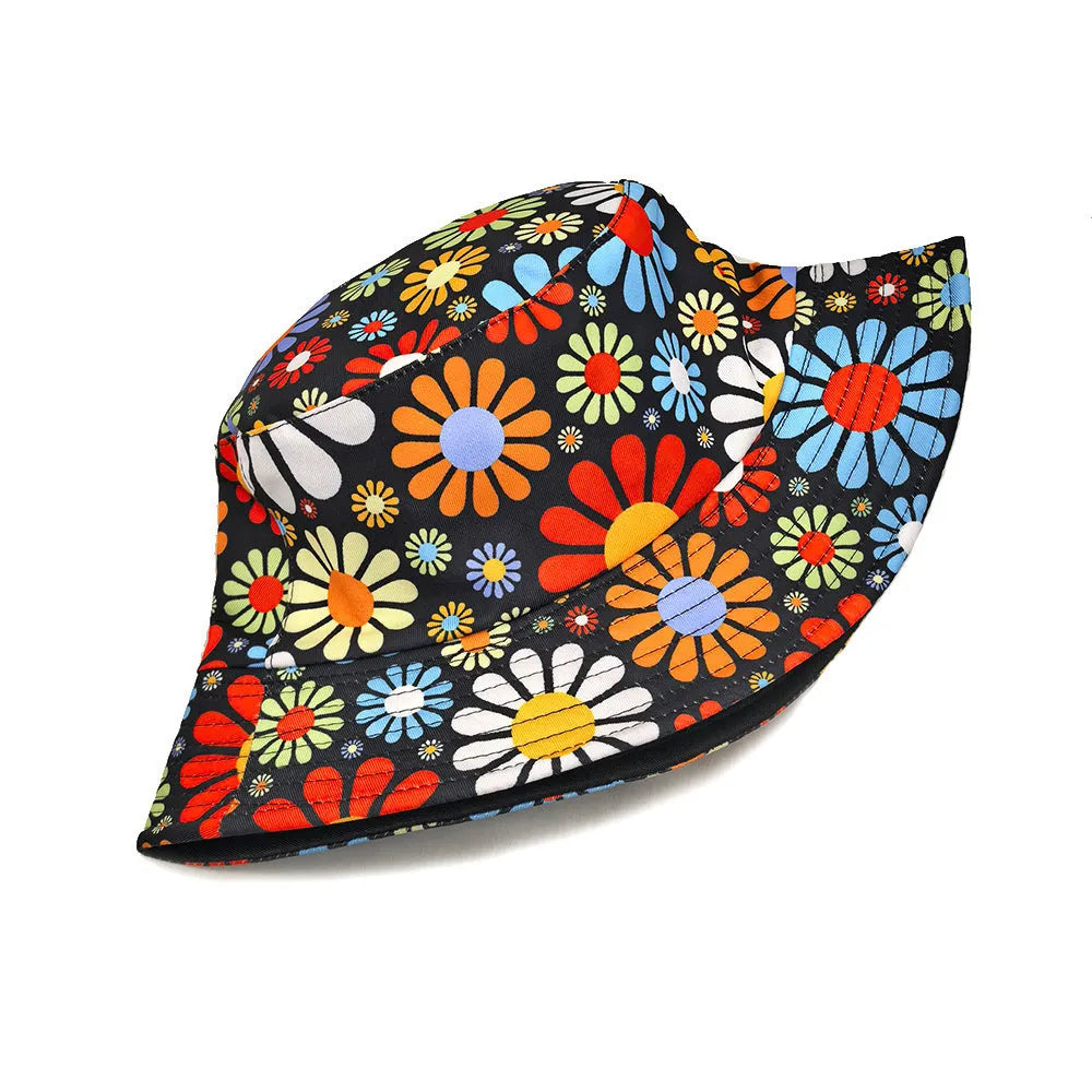 Colourful floral print polyester bucket hat with a dome crown on a white background.