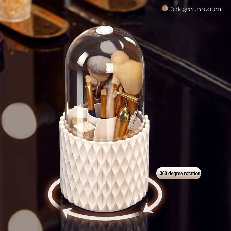 Transparent acrylic makeup brush storage box with rotating base and dustproof lid