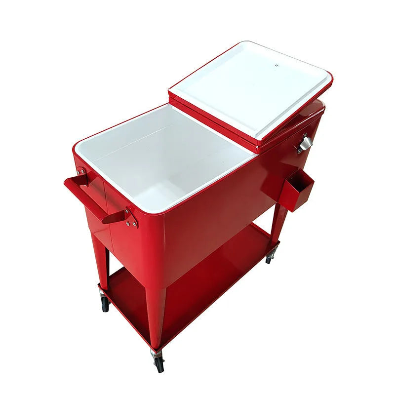 Red metal insulated trolley cooler with wheels and 750ml capacity for outdoor drinks.