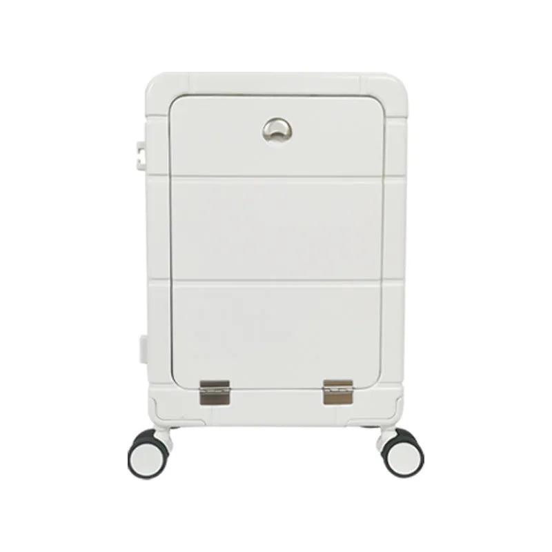 20-inch front opening hard-shell suitcase in black showing wet-dry separation compartment and universal wheels.