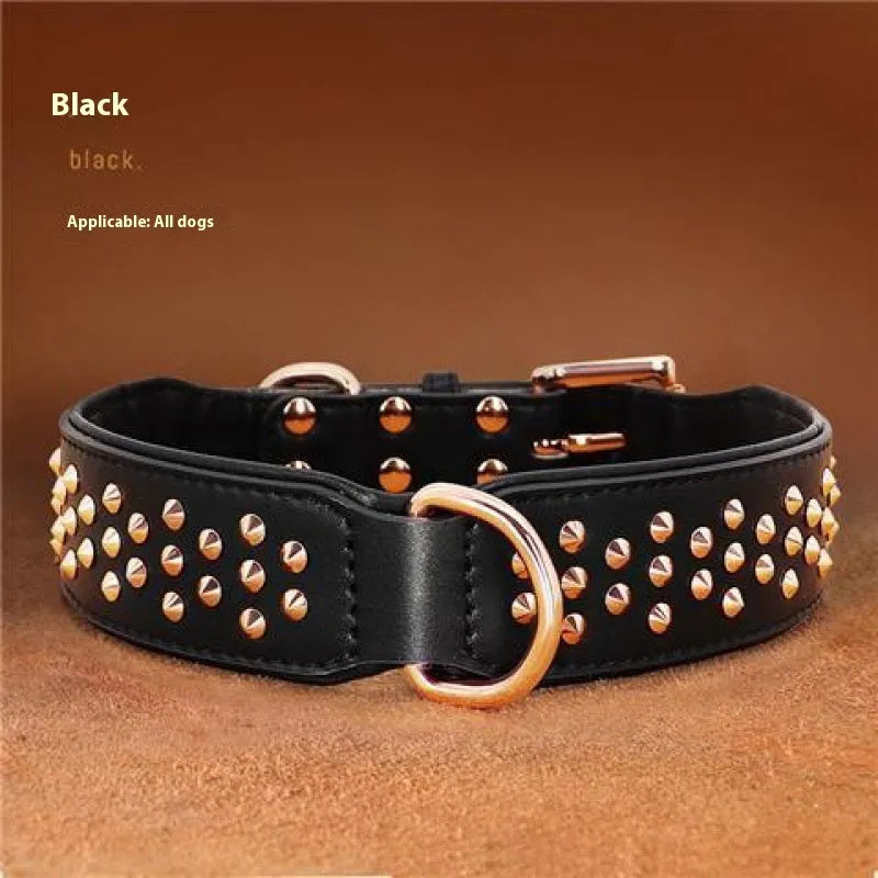 Leather dog collar with metal rivets and a stainless steel D-ring, shown in black, chocolate, and pink colour options.