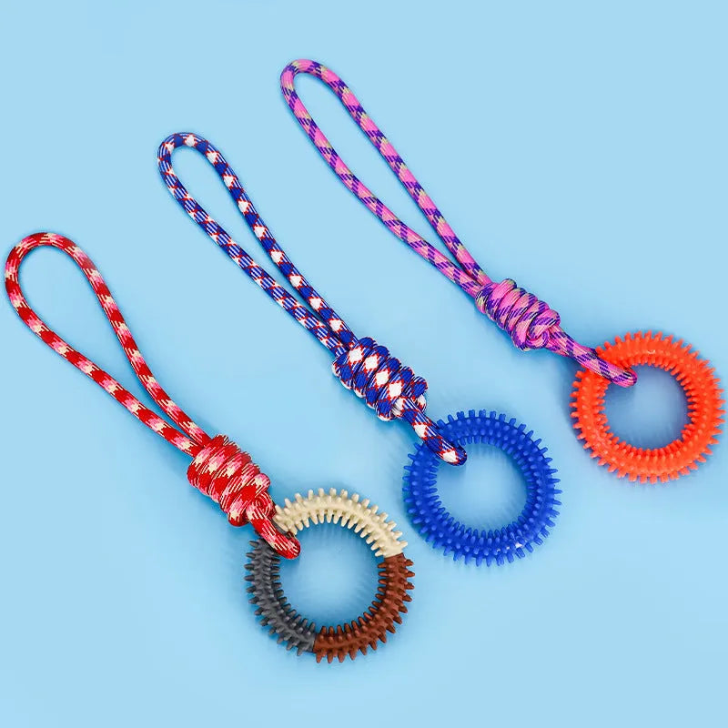 Blue braided rope pet toy with puppy knot design for biting and chewing