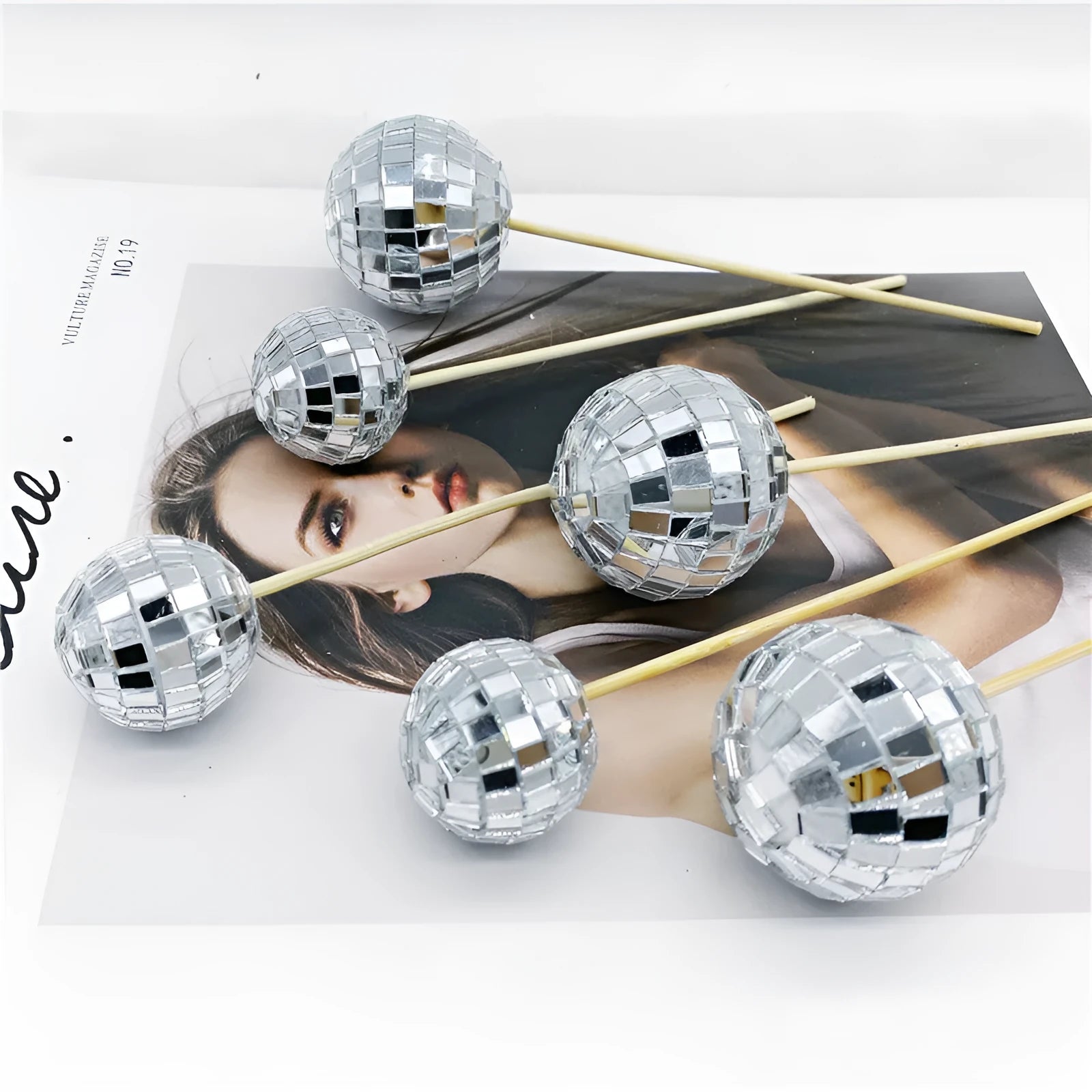 Glass disco ball cake decoration with wooden stick in various sizes for birthday cakes