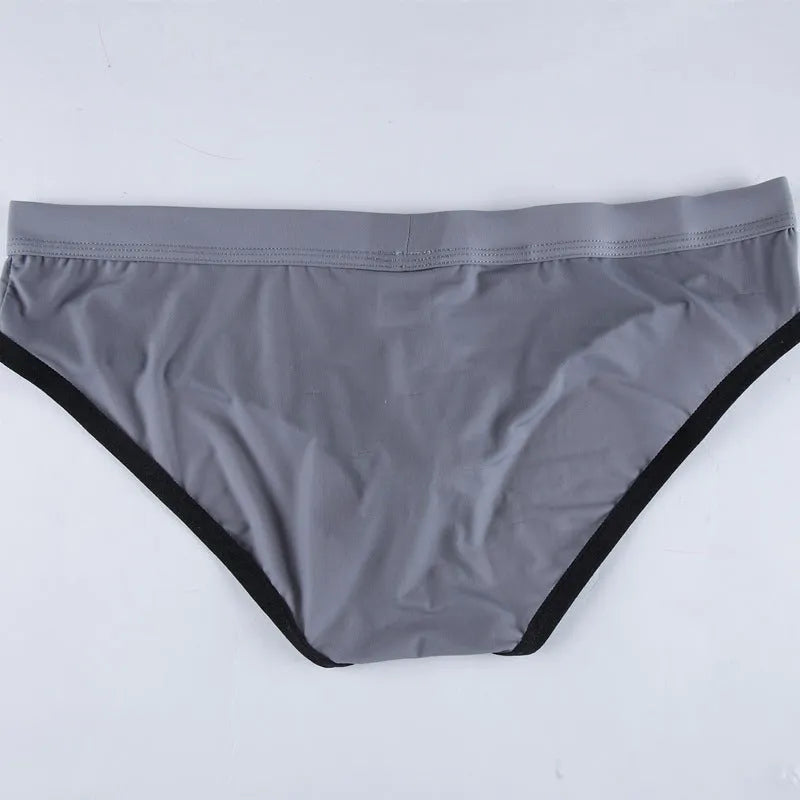 Men's Army Green Ice Silk bazooka briefs with mid waist and bullet separation design on a white background.