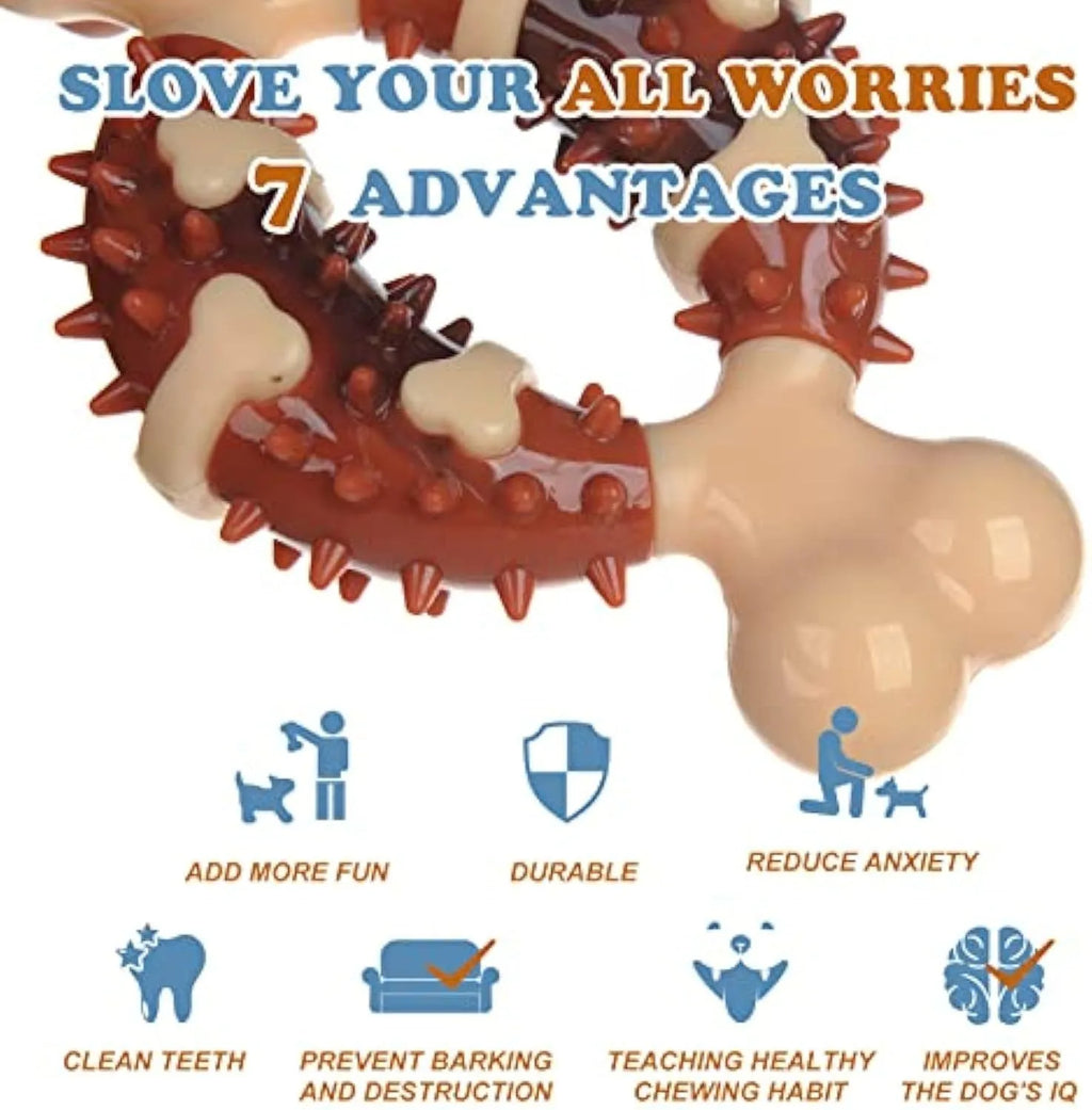 Bone-shaped natural rubber dog dental chew toy for teeth cleaning in large and small sizes.