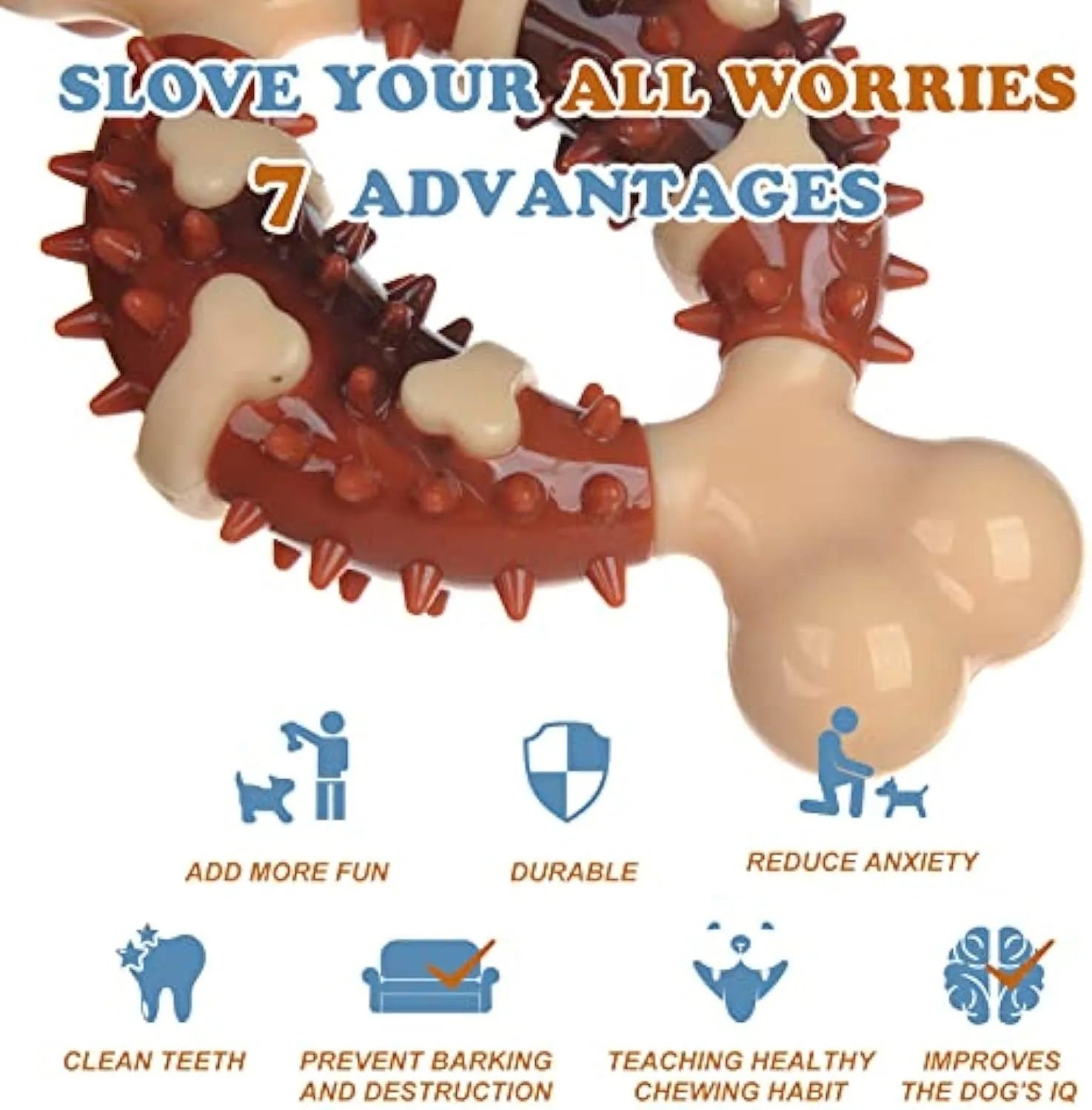 Bone-shaped natural rubber dog dental chew toy for teeth cleaning in large and small sizes.