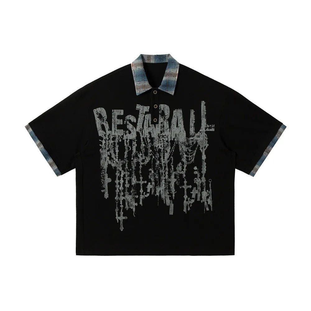Men's loose asymmetric short-sleeved cotton top with graffiti print in blue.