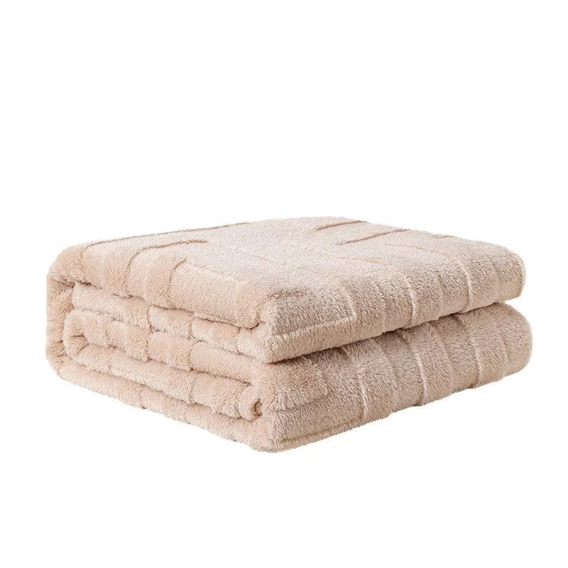 Thick coral fleece blanket in various sizes and colours including brown, white, blue, khaki, and green