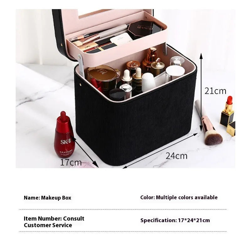 Corduroy cosmetic storage box with handle in assorted solid colours