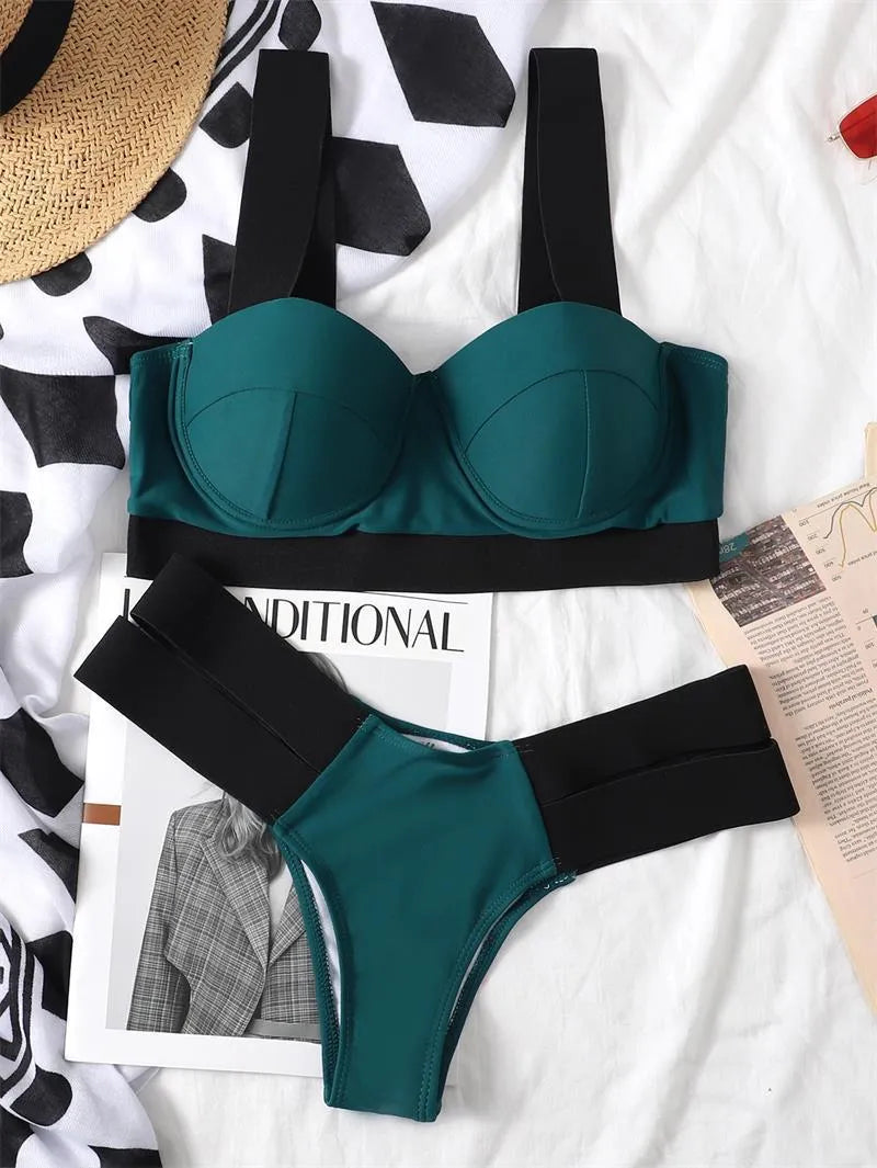 Women's black and blue contrast colour bikini with steel push-up bracket.
