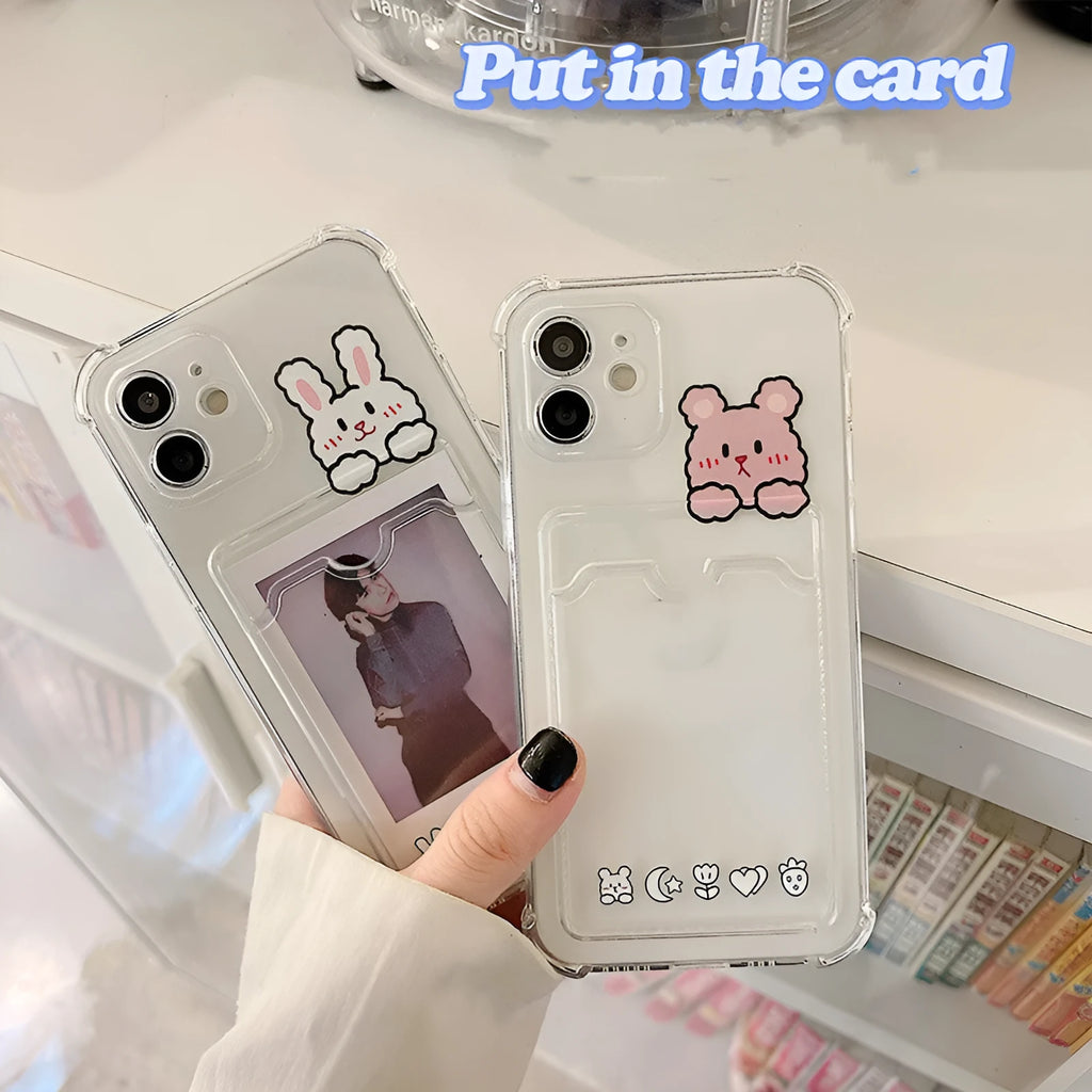 Transparent TPU phone case with cartoon paint design and card holder slot fitted on Apple iPhone