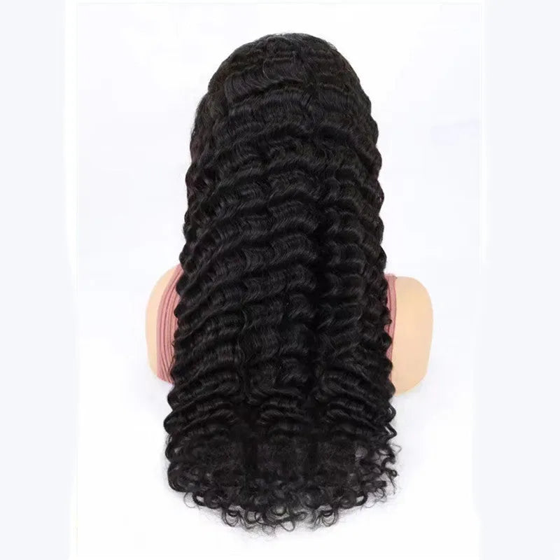 Solid colour human hair half lace wig displayed on a stand, showing its length and hand-woven construction.
