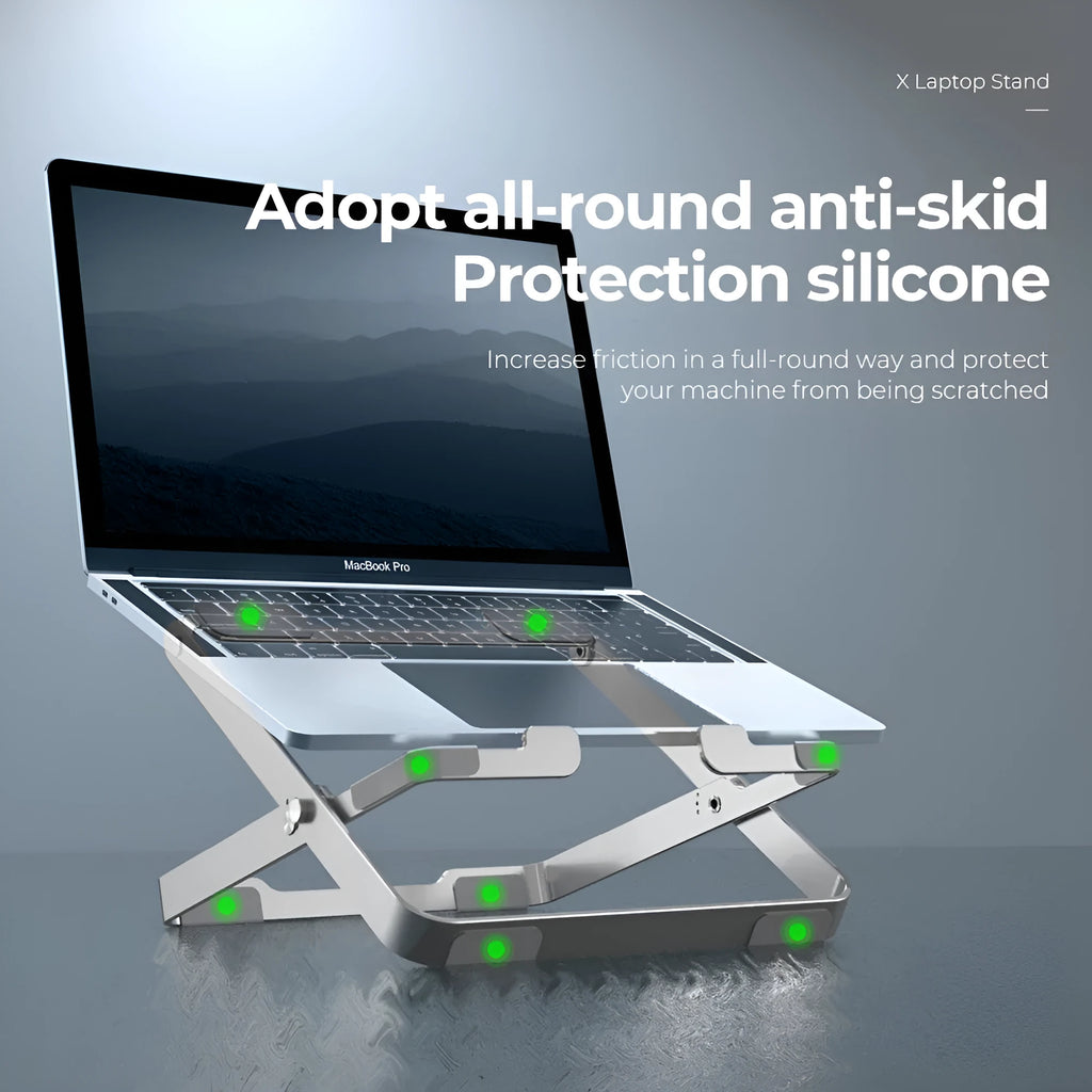 Folding aluminium alloy laptop stand in silver grey, adjustable for 11-18 inch laptops and tablets