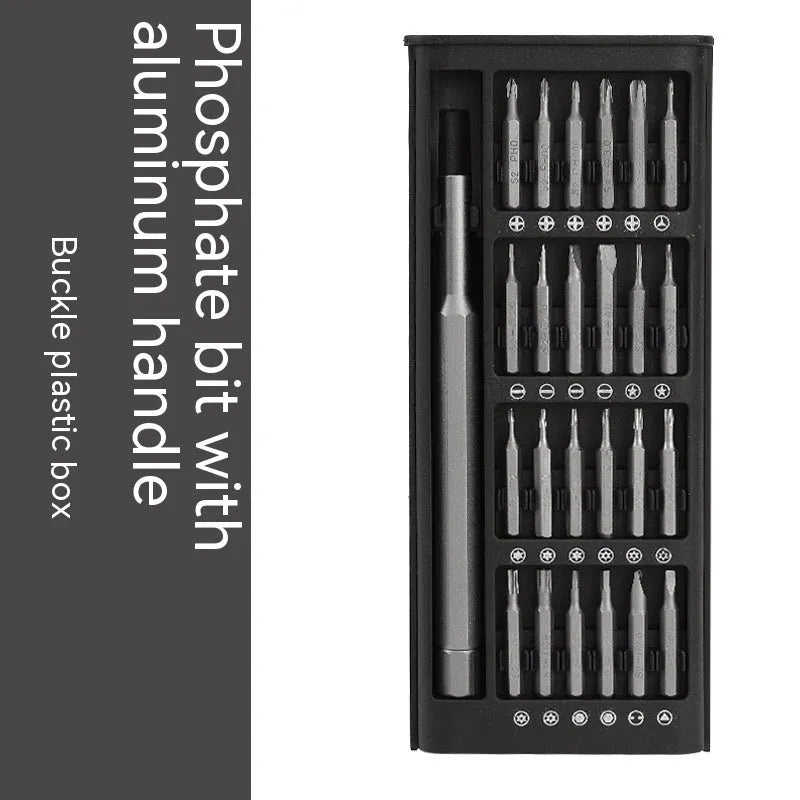 24-in-1 precision magnetic screwdriver repair tool set with bits displayed next to aluminium and plastic handle options.