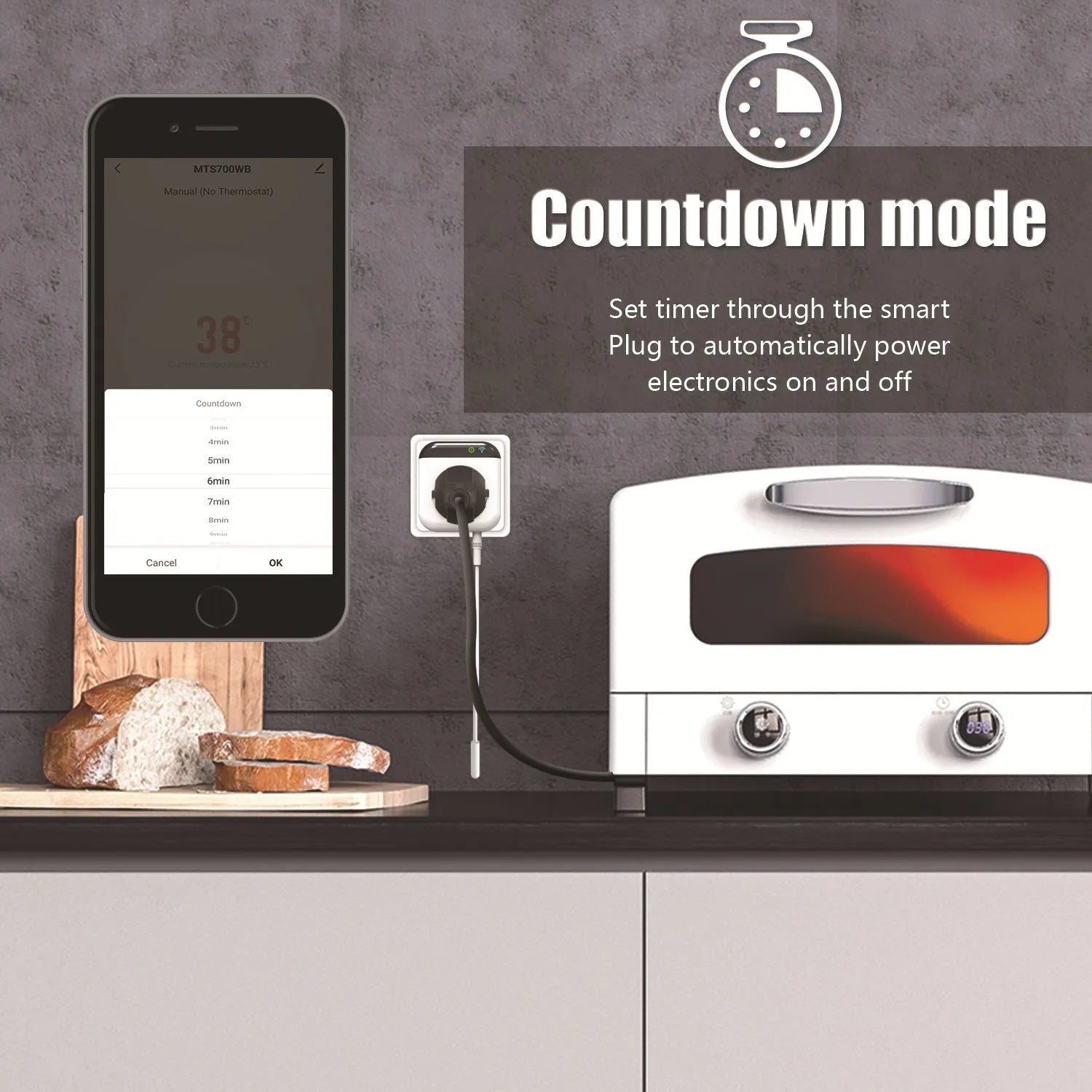 White Tuya WiFi smart socket with temperature sensor probe and US plug configuration