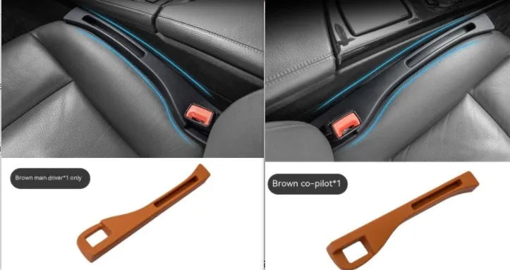 Black plastic car seat gap storage pocket with handle placed between vehicle seats.