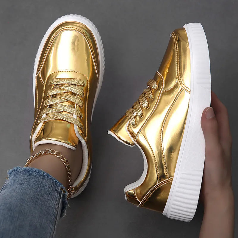 Rose gold sequin platform sneaker with a thick white MD sole and round toe.