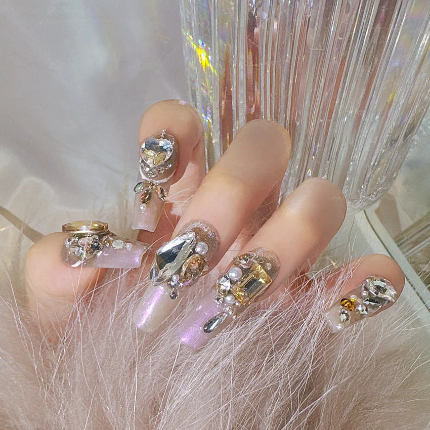 Luxury rhinestone false nail manicure set with phototherapy sealing layer in S size
