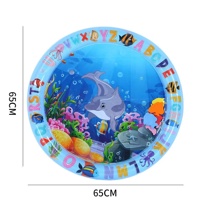 Blue water sensory playmat for cats and dogs on floor, showing inflated edge and floating fish toys inside.