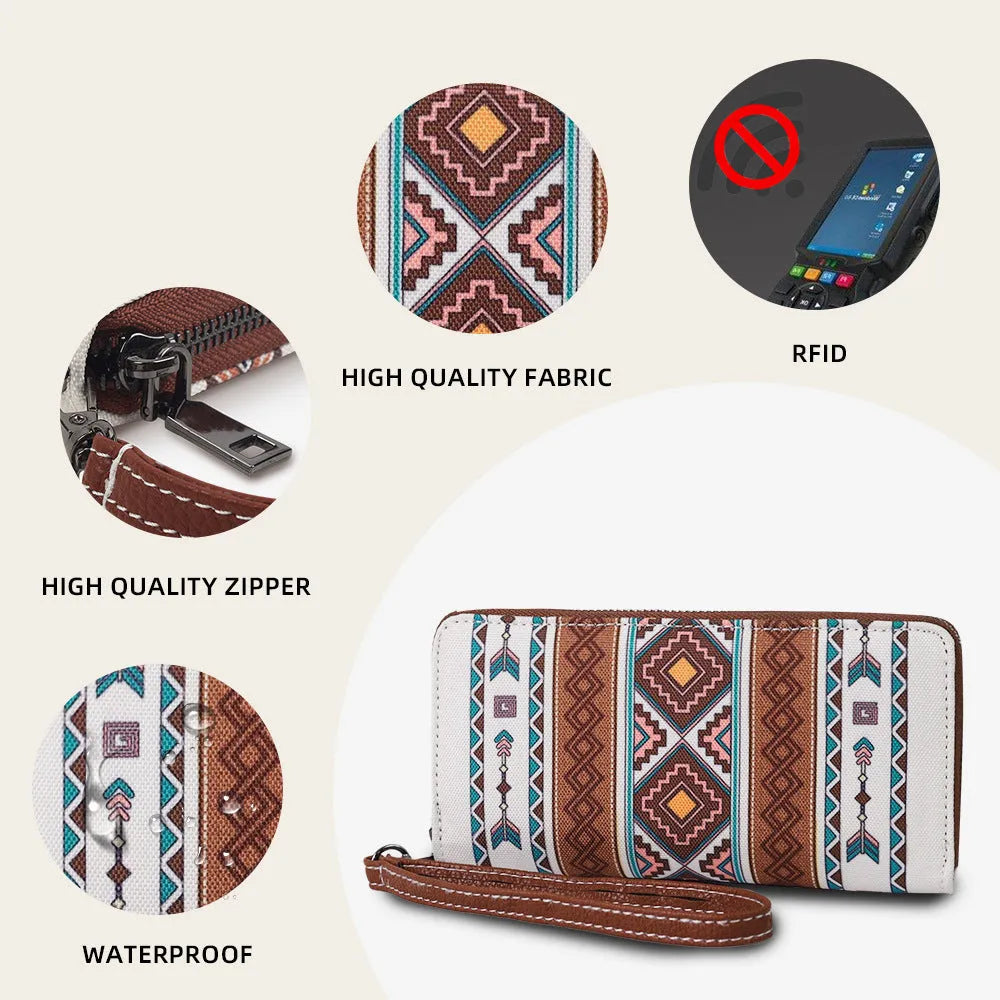 Bohemian striped pattern canvas RFID wallet showing interior and exterior dimensions of 20x10x2cm