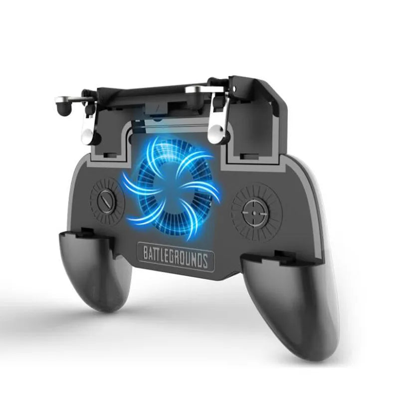 Black mobile game controller with USB cable, aluminium alloy trim, and dedicated grip buttons.