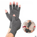 Grey half-finger compression glove with anti-slip palm, showing stretchy trueran spandex fabric and open fingertips.