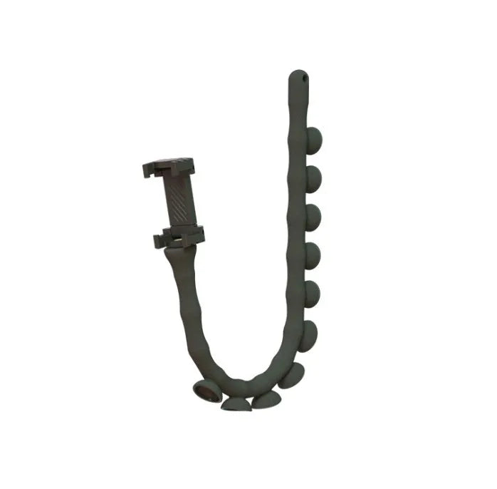 Flexible mobile phone holder with suction cup on desktop showing 360-degree rotation