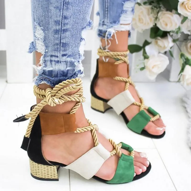 Women's suede front strap sandals with mid-heel, fish mouth toe, available in multiple colours.