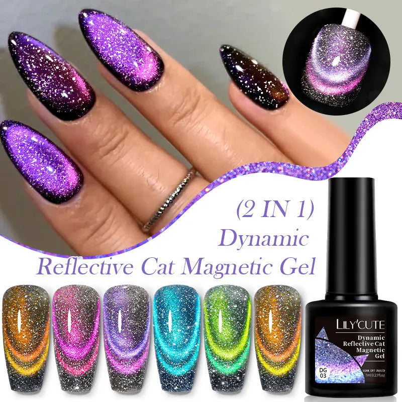 Cat eye series nail polish gel bottle showing diamond glitter fragments in one of six available colour options