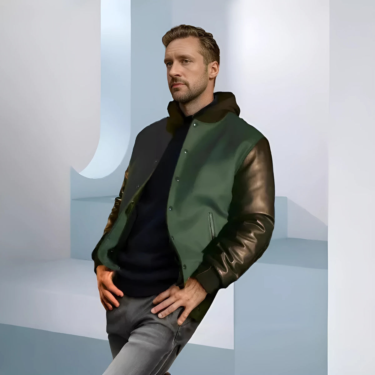 Men's PU leather sleeve spliced flight jacket in black with colour block pattern and side seam pockets