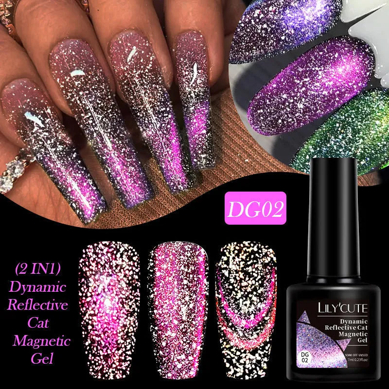 Cat eye series nail polish gel bottle showing diamond glitter fragments in one of six available colour options